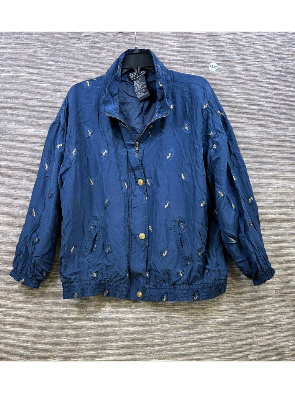 VTG Abvien 100% Silk Bomber Jacket XL Navy Blue Yellow Arrow Print Windbreaker